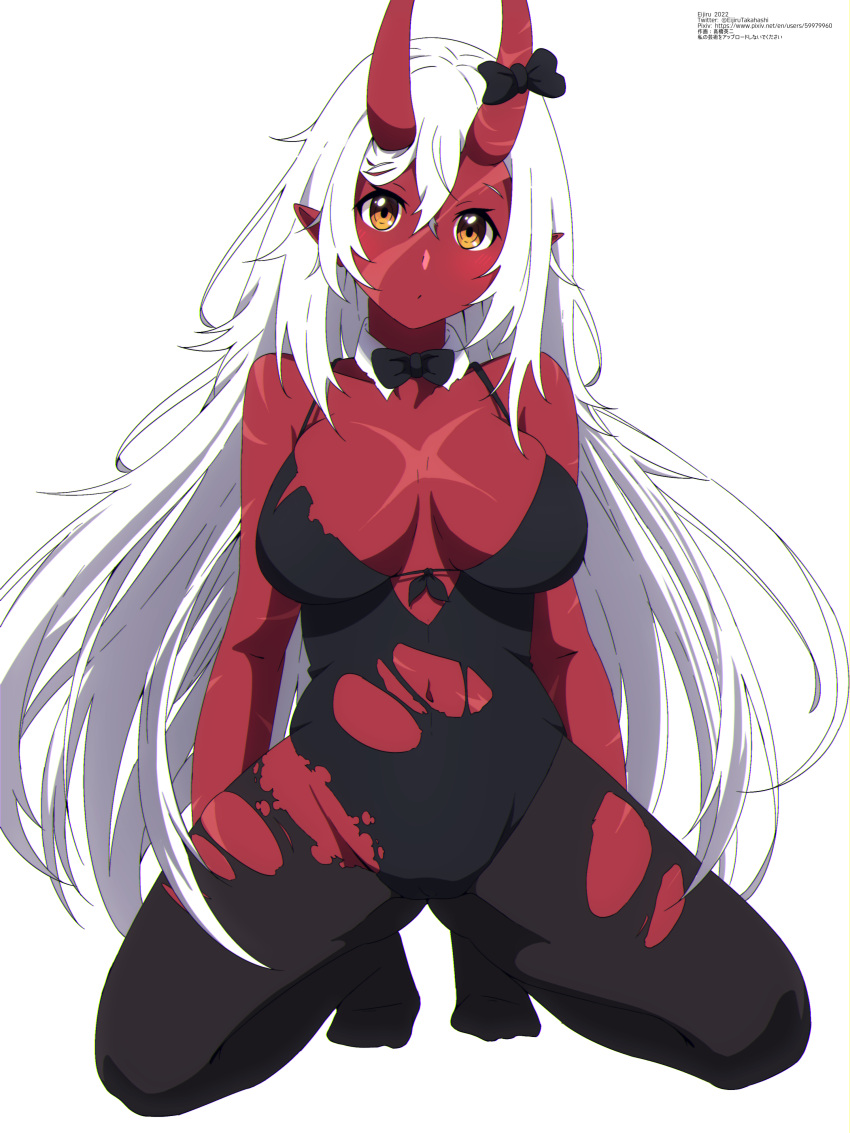 1girl absurdres akumi_(yoclesh) artist_name black_bow black_bowtie bow bowtie breasts colored_skin commentary detached_collar eijiru english_commentary hair_between_eyes highres horns large_breasts long_hair looking_at_viewer oni_horns orange_eyes pointy_ears red_horns red_skin scar scar_on_cheek scar_on_chest scar_on_face scar_on_stomach simple_background solo squatting virtual_youtuber vyugen white_background white_hair