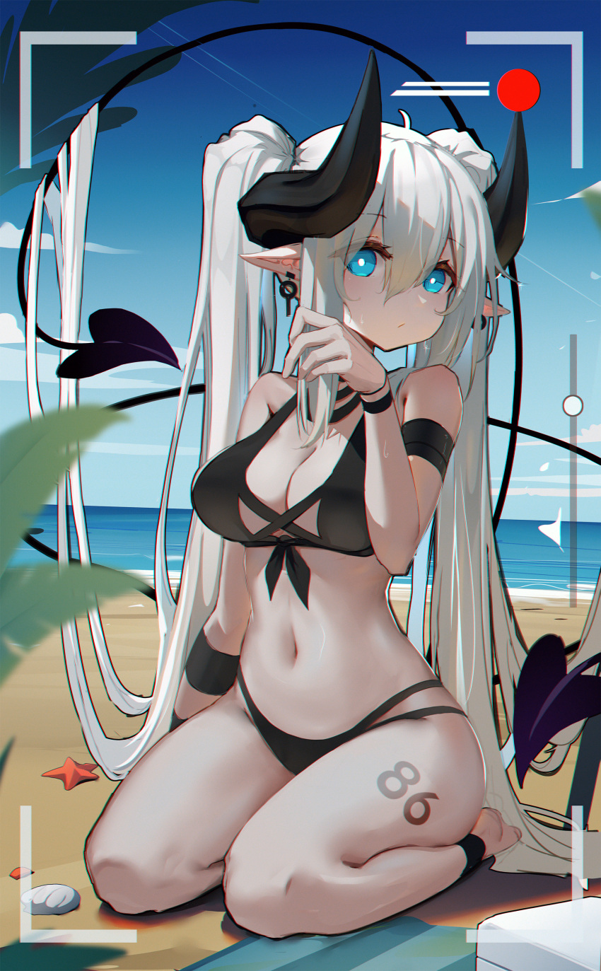 1girl absurdres anklet arm_strap bangs bare_shoulders bikini black_bikini blue_eyes blue_sky breasts bright_pupils cleavage closed_mouth day demon_girl demon_horns demon_tail earrings full_body grey_hair highres horns huizhiyin jewelry leg_tattoo long_hair looking_at_viewer medium_breasts multi-strapped_bikini navel number_tattoo ocean on_ground original outdoors pointy_ears sand seashell seiza shell sitting sky solo starfish stomach swimsuit tail tattoo twintails very_long_hair viewfinder water