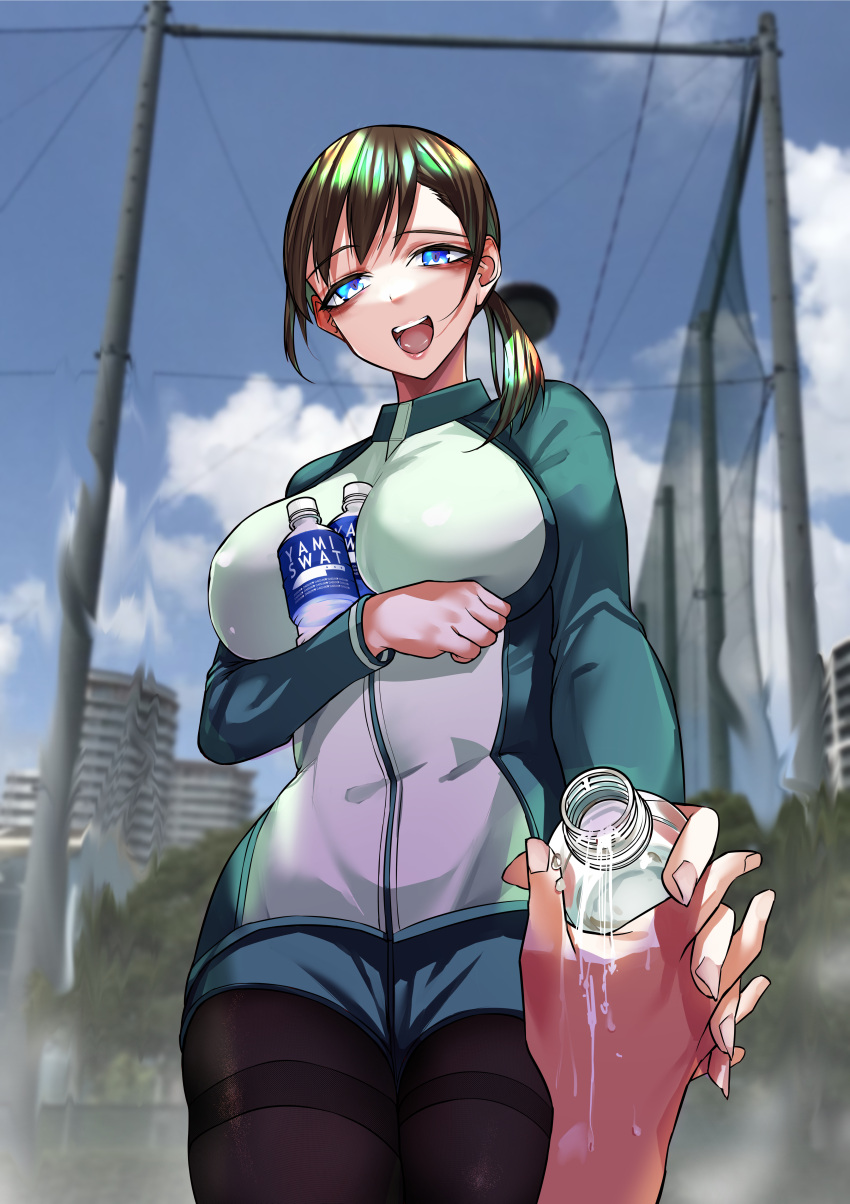 1girl absurdres arm_under_breasts blue_eyes bottle brand_name_imitation breasts brown_hair commentary heart heart-shaped_pupils highres holding_hands jacket large_breasts looking_at_viewer open_mouth original outdoors pantyhose pocari_sweat ponytail rinrin_(ppnk2835) shorts symbol-shaped_pupils track_jacket yandere