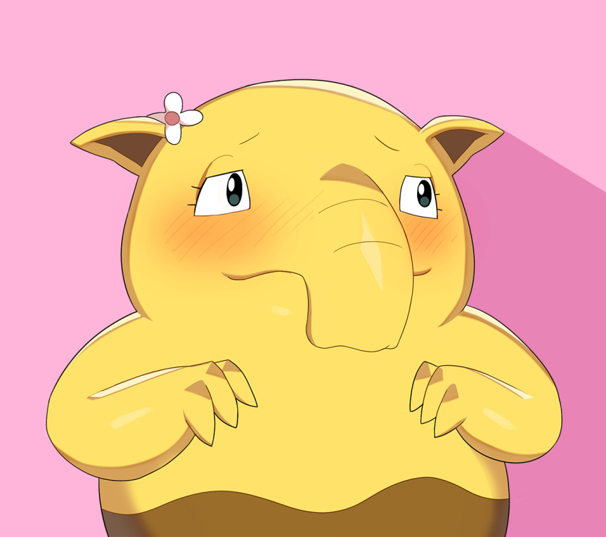 2022 3_fingers anthro black_eyes blush drowzee drunk_oak eyebrows eyelashes fingers flower_on_head front_view nintendo pink_background pok&eacute;mon pok&eacute;mon_(species) simple_background solo video_games yellow_ears yellow_fingers yellow_hands