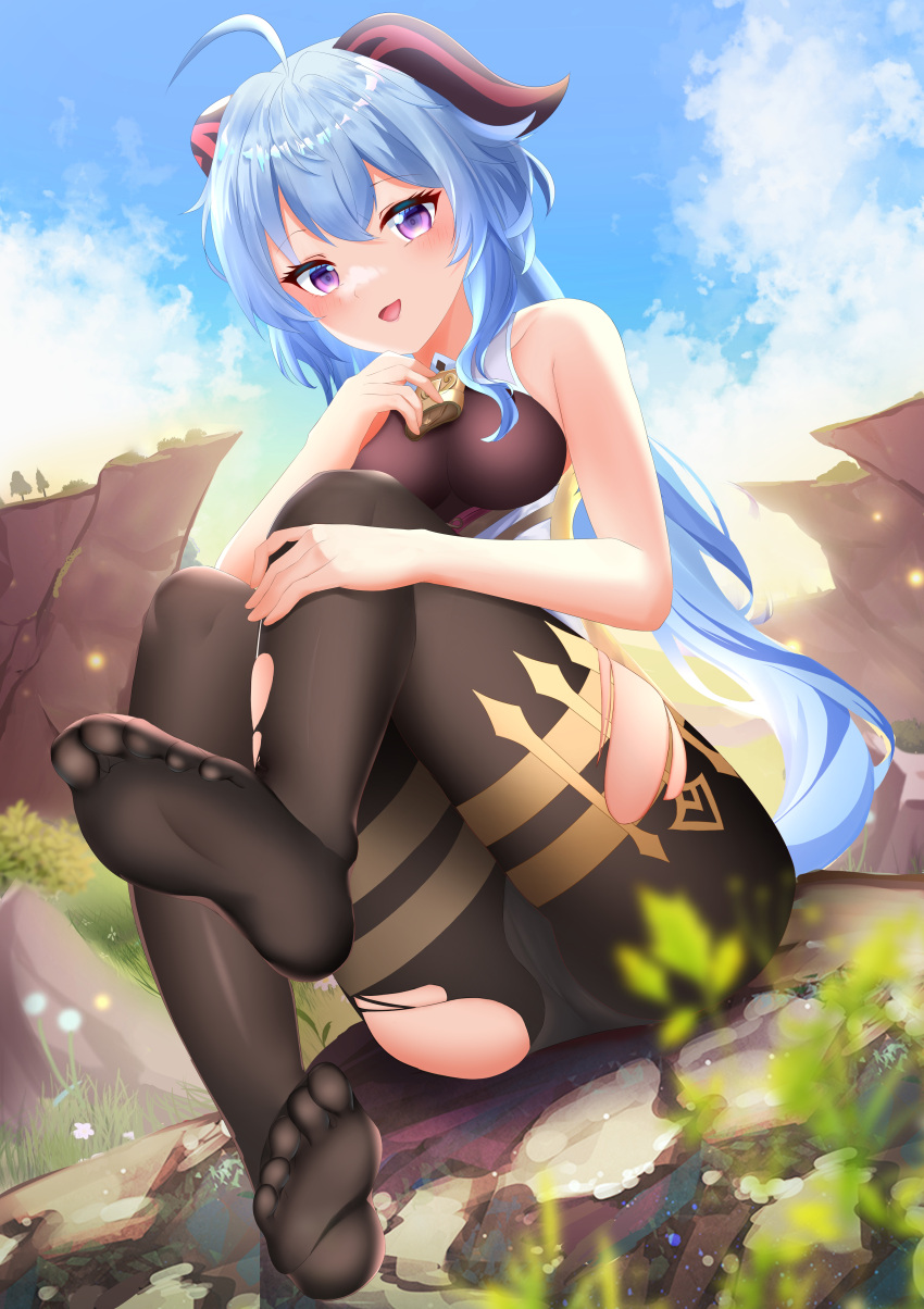 1girl absurdres ahoge bangs bare_arms bell black_leotard black_pantyhose blue_hair blurry blush bodystocking bodysuit breasts cg_xiao_baishu crotch crotch_seam depth_of_field feet ganyu_(genshin_impact) genshin_impact gradient_sky highres horns knees_up leotard leotard_under_clothes long_hair looking_at_viewer low_ponytail medium_breasts neck_bell no_gloves no_shoes open_mouth outdoors pantyhose purple_eyes sidelocks sitting sky sleeveless smile soles solo thighs torn_clothes torn_legwear