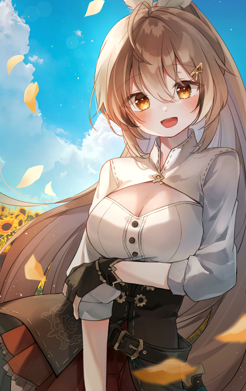 1girl :d ahoge arm_under_breasts bangs belt breasts brown_corset brown_eyes brown_hair cleavage cleavage_cutout clothing_cutout cloud cloudy_sky corset dagger falling_petals feather_hair_ornament feathers flower gloves hair_ornament hairclip highres hololive hololive_english knife lens_flare long_hair looking_at_viewer medium_breasts multicolored_hair nanashi_mumei outdoors partially_fingerless_gloves petals pleated_skirt ponytail red_skirt shirt skirt sky smile spi streaked_hair sunflower sunflower_petals very_long_hair virtual_youtuber weapon white_shirt