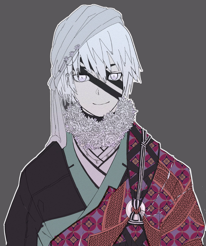 1boy closed_mouth facepaint facial_mark fur_trim grey_background grey_headwear hair_between_eyes highres male_focus original outline patterned patterned_clothing simple_background smile solo tabletop_rpg upper_body white_eyes white_hair white_outline yumeno_ochawan