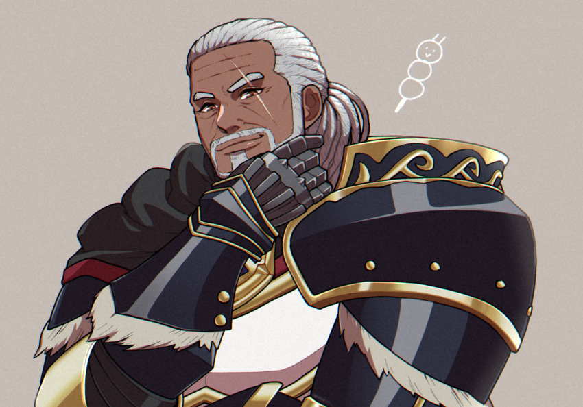 1boy armor batabiru beard black_gloves brown_eyes copyright_request dreadlocks facial_hair gauntlets gloves hand_up long_hair male_focus mustache old old_man scar scar_across_eye solo upper_body white_hair