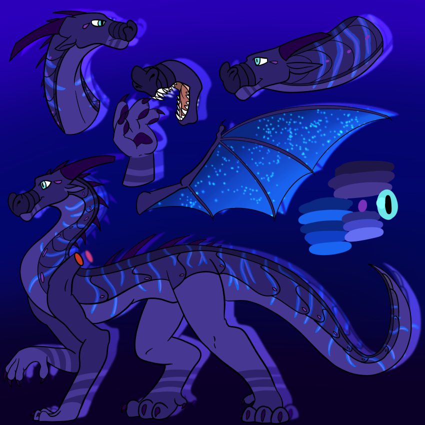 absurd_res blue_body blue_scales blueskies_(character) claws color_swatch digital_media_(artwork) dragon feral glistening glistening_eyes hi_res horn male membrane_(anatomy) model_sheet nightwing_(wof) open_mouth scales scalie simple_background solo tongue unknown_artist western_dragon wings wings_of_fire