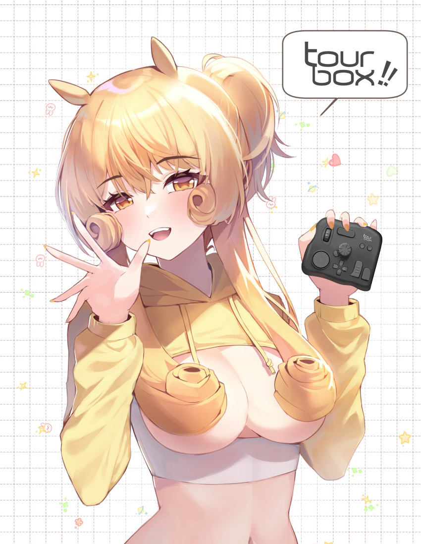 1girl :d absurdres animal_ears blonde_hair blush breasts breasts_out cleavage commentary_request controller convenient_censoring crop_top curly_hair drawstring framed_breasts game_controller hair_over_breasts hand_up highres holding holding_controller holding_game_controller korean_commentary large_breasts long_hair long_sleeves looking_at_viewer nail_polish navel one_side_up open_mouth orange_eyes orange_nails original smile solo speech_bubble teeth tourbox ugwa upper_body upper_teeth
