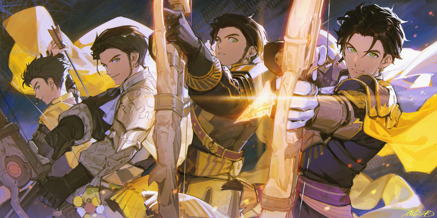 4boys aiming alzi_xiaomi armor arrow_(projectile) black_gloves black_hair bow_(weapon) braid cape claude_von_riegan dark-skinned_male dark_skin drawing_bow earrings facial_hair failnaught_(fire_emblem) fire_emblem fire_emblem:_three_houses fire_emblem_warriors:_three_hopes garreg_mach_monastery_uniform gloves glowing green_eyes grin highres holding holding_arrow holding_bow_(weapon) holding_weapon jewelry looking_at_viewer multiple_boys multiple_persona official_alternate_costume official_alternate_hairstyle shoulder_armor signature smile weapon white_gloves yellow_cape