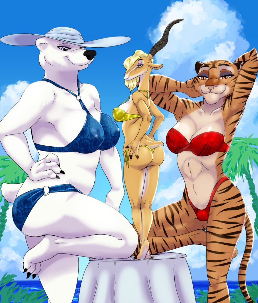 2022 3_toes 4_fingers akiric antelope anthro athletic athletic_anthro athletic_female barefoot bedroom_eyes big_breasts bikini bikini_bottom bikini_top black_nose black_stripes blonde_hair blue_bikini blue_clothing blue_eyes blue_swimwear bovid breasts butt claws cleavage clothed clothing disney eyeshadow feet felid female finger_claws fingers fur furniture gazelle gazelle_(zootopia) green_eyes group hair hand_on_hip hand_on_own_hip hands_behind_head hi_res hindpaw hooved_fingers hooves horn humanoid_hands looking_at_viewer looking_back looking_back_at_viewer major_friedkin makeup mammal multicolored_body multicolored_fur narrowed_eyes nipple_outline officer_fangmeyer on_one_leg on_table orange_body orange_fur pantherine paws pink_nose polar_bear raised_leg red_bikini red_clothing red_swimwear seductive smile standing standing_on_table strapless_bikini strapless_clothing strapless_swimwear striped_body striped_fur stripes sun_hat swimwear table tan_body tan_fur tiger toe_claws toes trio two_tone_body two_tone_fur ursid ursine white_body white_fur yellow_bikini yellow_clothing yellow_eyes yellow_swimwear zootopia