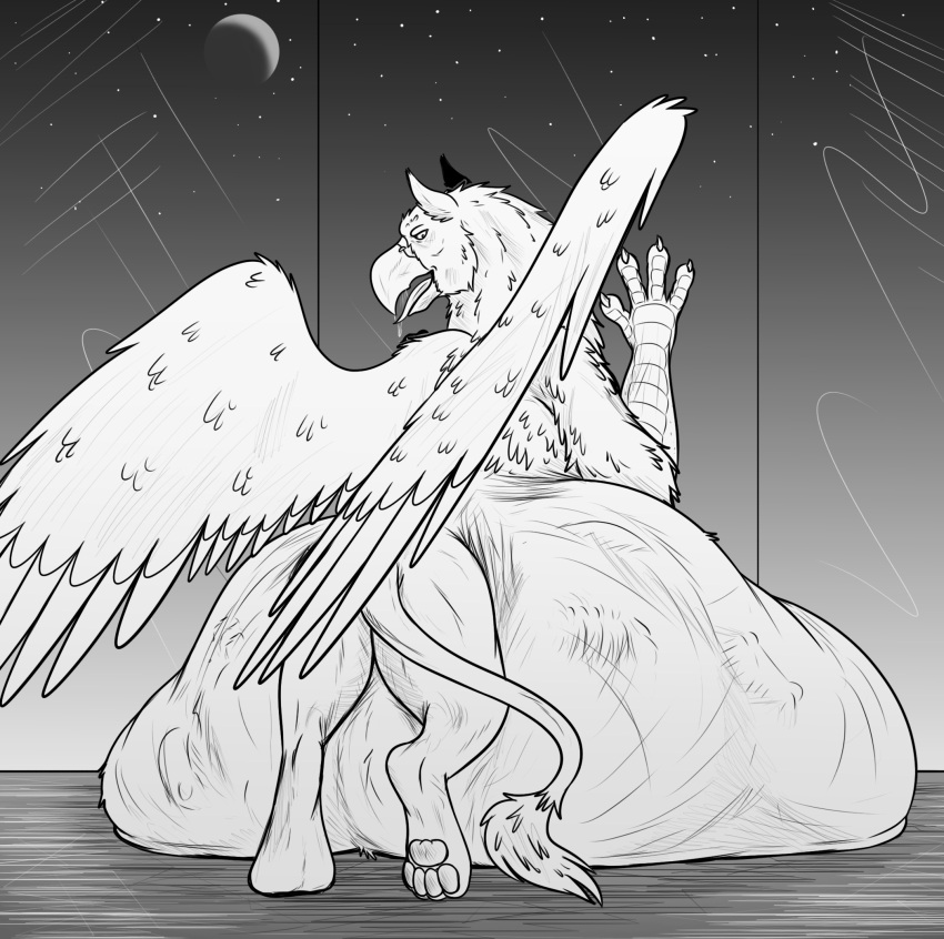 after_vore avian belly big_belly butt digestion feral feral_pred glass greyscale group gryphon gryphon_pred hi_res hindpaw looking_back male male_pred monochrome mythological_avian mythology night paws thatgryphonguy tongue tongue_out vore wings