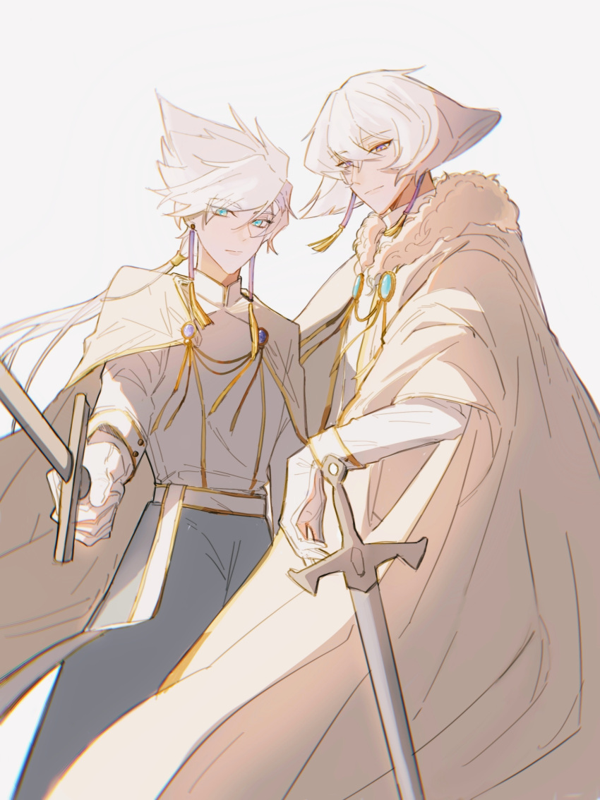 2boys absurdres alef_(sky:_children_of_the_light) alternate_costume bishounen blue_eyes bob_cut chromatic_aberration cowboy_shot daleth_(sky:_children_of_the_light) earrings grey_hair highres holding holding_sword holding_weapon inverted_bob jewelry long_sleeves looking_at_viewer male_focus moxiangwencun multiple_boys short_hair siblings sky:_children_of_the_light sleeve_cuffs spiked_hair standing sword tassel tassel_earrings twins uniform weapon white_background white_hair yellow_eyes