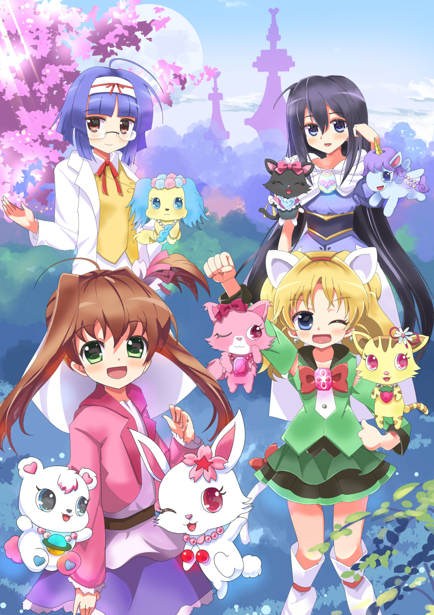 absurd_res accessory akari_sakura alma_jinnai anthro blush canid canine canis clothing coat diana_(jewelpet) domestic_cat domestic_dog dress equid equine eyewear fake_cat_ears fake_ears felid feline felis female garnet_(jewelpet) glasses green_clothing green_dress group hair hair_accessory hair_ribbon hi_res horn human human_focus jewelpet jewelry lab_coat labra_(jewelpet) lagomorph leporid long_hair mammal miria_marigold_mackenzie moon one_eye_closed opal_(jewelpet) pink_clothing pink_shirt pink_topwear rabbit rankoma ribbons ruby_(jewelpet) sango_(jewelpet) sanrio sapphie sara_(jewelpet) semi-anthro shirt topwear unicorn ursid wink