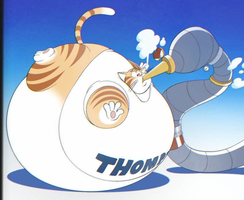 anthro boot_(artist) bootfromtv clothed clothing digital_media_(artwork) domestic_cat felid feline felis hi_res hose hose_in_mouth hose_inflation inanimate_object inflation male mammal simple_background solo thompson_(thompson_local_directory) thomson_(thomson_local) thomson_local