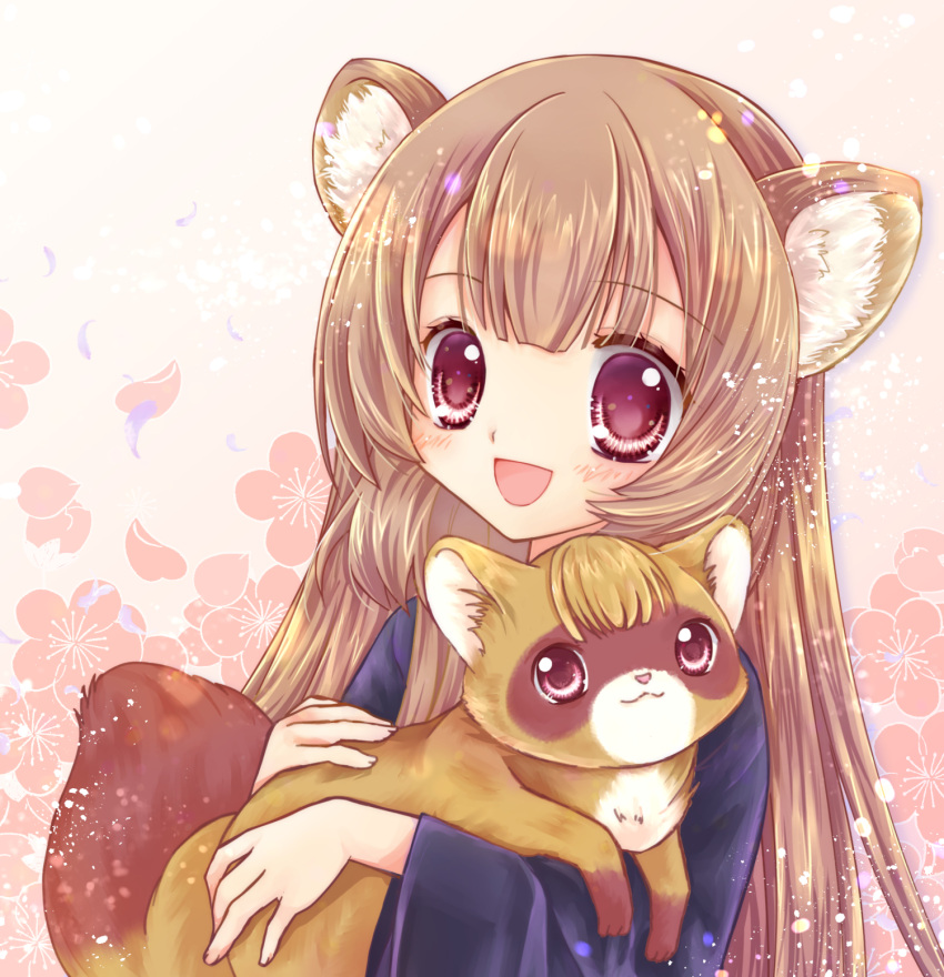 1girl animal_ear_fluff animal_ears bangs brown_hair highres long_hair looking_at_viewer open_mouth raccoon_ears raccoon_girl raccoon_tail raph-chan raphtalia red_eyes shararan simple_background smile solo tail tanuki tate_no_yuusha_no_nariagari very_long_hair