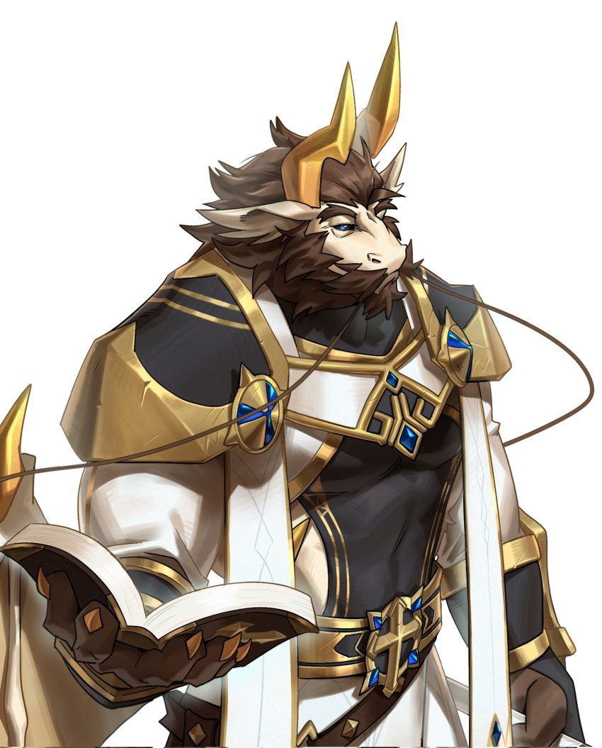 anthro barbel_(anatomy) bible blue_eyes cross dragon facial_hair flesh_whiskers fsl hi_res holy_cross horn male mature_male mustache priest smile solo white_body