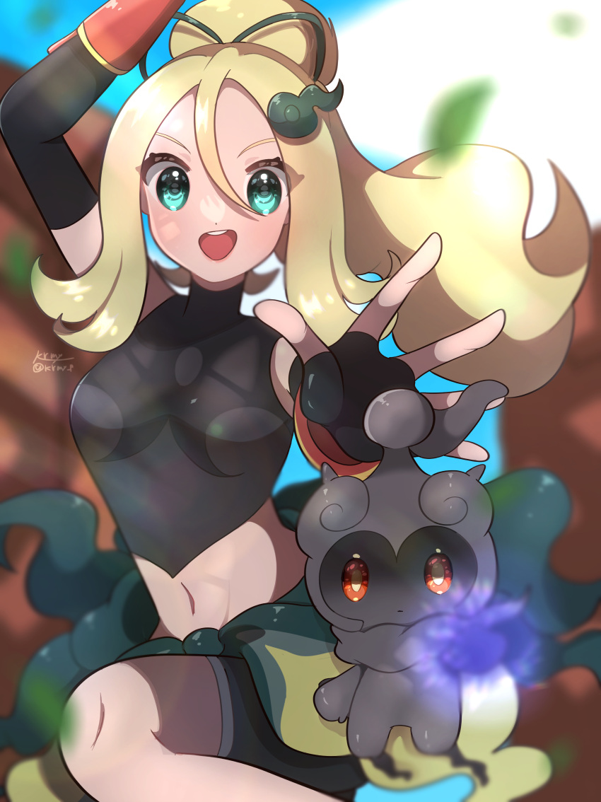 1girl absurdres arm_above_head artist_name bangs black_gloves black_shorts blonde_hair falling_leaves fingerless_gloves gloves green_eyes hair_between_eyes hair_ornament highres korrina_(pokemon) kurumiya_(krmy_p) leaf long_hair looking_at_viewer marshadow midriff navel official_alternate_costume open_mouth pokemon pokemon_(creature) pokemon_(game) pokemon_masters_ex pokemon_xy ponytail shorts teeth twitter_username upper_teeth