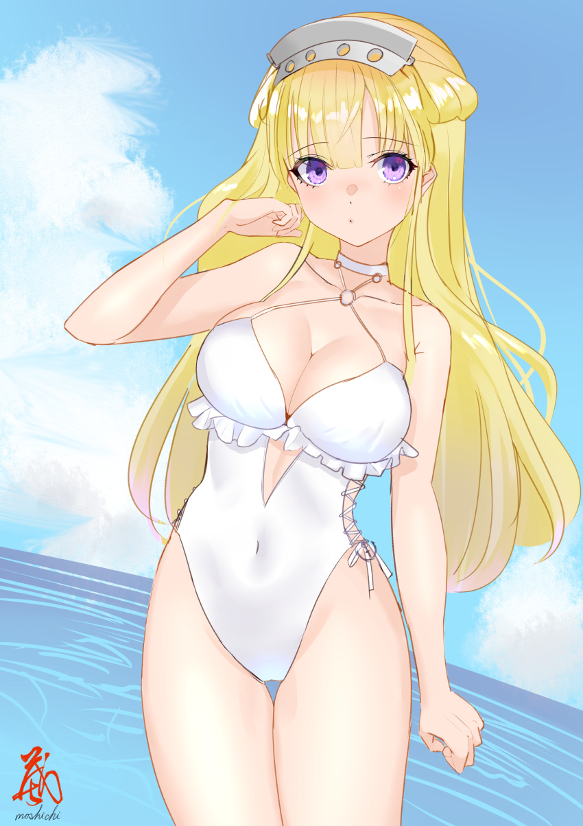 1girl absurdres blonde_hair blue_sky breasts casual_one-piece_swimsuit cleavage cloud cosplay covered_navel cowboy_shot day double_bun fletcher_(kancolle) frilled_swimsuit frills hair_bun hairband highleg highleg_swimsuit highres horizon kantai_collection large_breasts long_hair looking_at_viewer ocean one-piece_swimsuit outdoors purple_eyes sagiri_(kancolle) sagiri_(kancolle)_(cosplay) sakurai_nana_(moshichi) side-tie_swimsuit sky solo swimsuit thigh_gap white_swimsuit