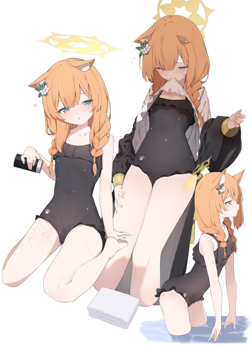 1girl :o animal_ear_fluff animal_ears barefoot black_coat black_swimsuit blue_archive blue_eyes blush braid casual_one-piece_swimsuit cat_ears closed_mouth coat collarbone covered_navel double_bun dress flat_chest hair_bun halo heart highres long_hair looking_afar looking_down low_twin_braids mari_(blue_archive) mouth_hold multiple_views one-piece_swimsuit orange_hair shiwa_(siwaa0419) sitting smile swimsuit swimsuit_under_clothes towel twin_braids wading wariza water wet white_dress