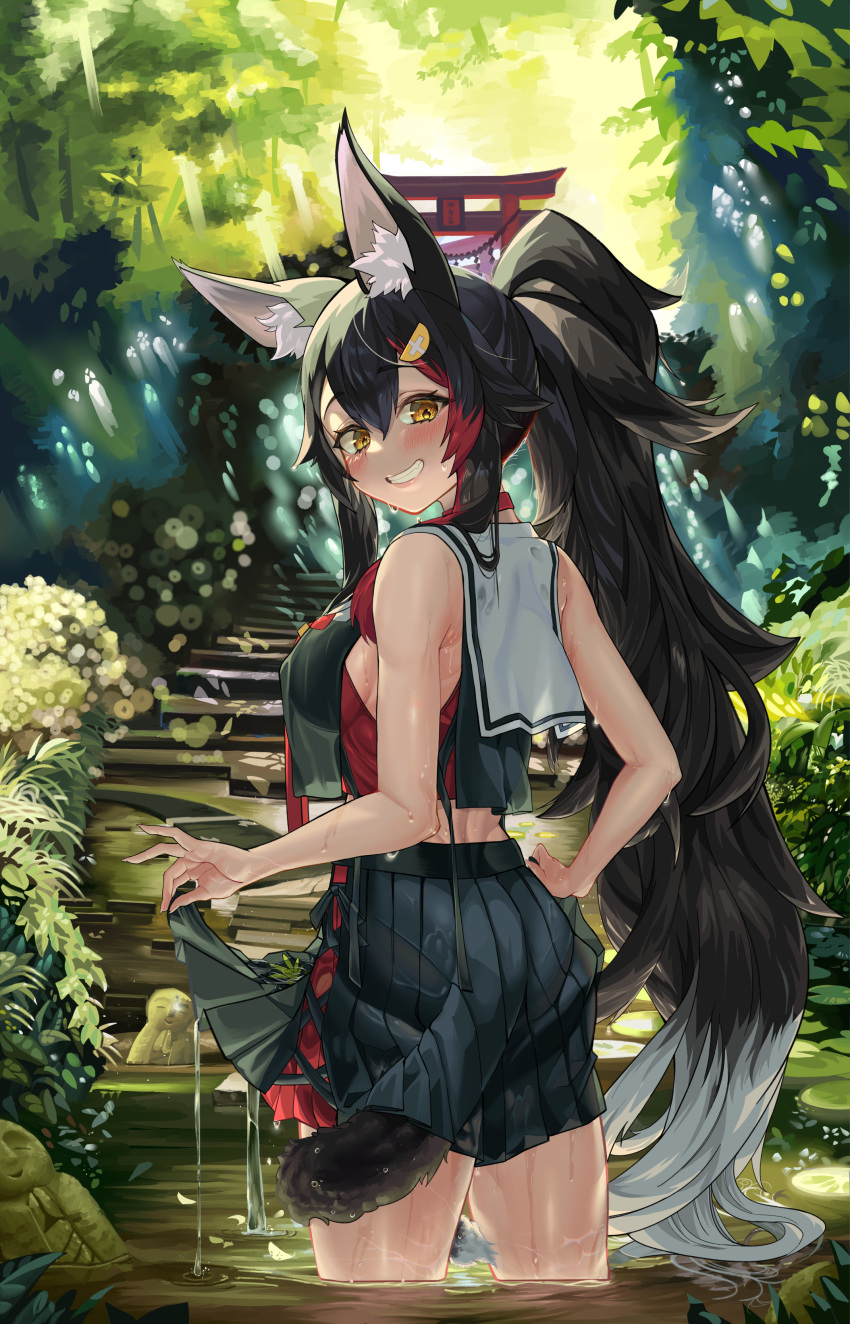 1girl absurdres animal_ear_fluff animal_ears bangs black_hair blue_skirt blush breasts brown_eyes choker cowboy_shot crop_top grin hair_between_eyes hair_ornament hairclip highres hololive large_breasts long_hair looking_at_viewer looking_back ookami_mio outdoors pleated_skirt ponytail red_choker red_hair sailor_collar shirt skirt skirt_hold sleeveless sleeveless_shirt smile snarkhunt solo stairs tail very_long_hair virtual_youtuber wading water wet wet_clothes white_hair white_sailor_collar wolf_ears wolf_girl wolf_tail