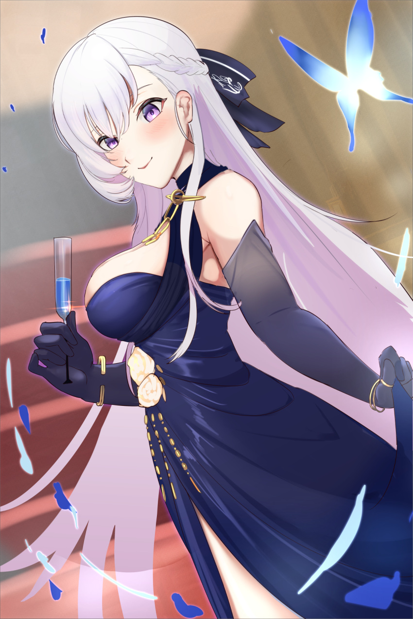 azur_lane belfast_(azur_lane) belfast_(the_noble_attendant)_(azur_lane) bow braid bug butterfly cafenami chain champagne_flute clothes_lift cup dress drinking_glass elbow_gloves evening_gown french_braid from_side gloves gold_bracelet gold_chain hair_bow halter_dress halterneck highres holding holding_cup lifted_by_self long_hair looking_at_viewer purple_eyes skirt skirt_lift thumb_ring white_hair