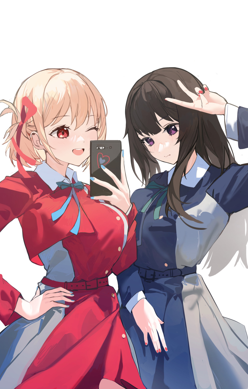 2girls absurdres bangs belt black_hair blonde_hair blue_belt blue_dress blue_nails blue_ribbon breasts brown_footwear cellphone dress green_ribbon grey_dress hair_ribbon highres holding holding_phone inoue_takina large_breasts long_hair looking_at_another lycoris_recoil multiple_girls nail_polish neck_ribbon nishikigi_chisato one_eye_closed phone pleated_dress purple_eyes red_belt red_dress red_eyes red_nails red_ribbon ribbon school_uniform shenqi_de_(9) short_hair simple_background smartphone smile two-tone_dress v white_background