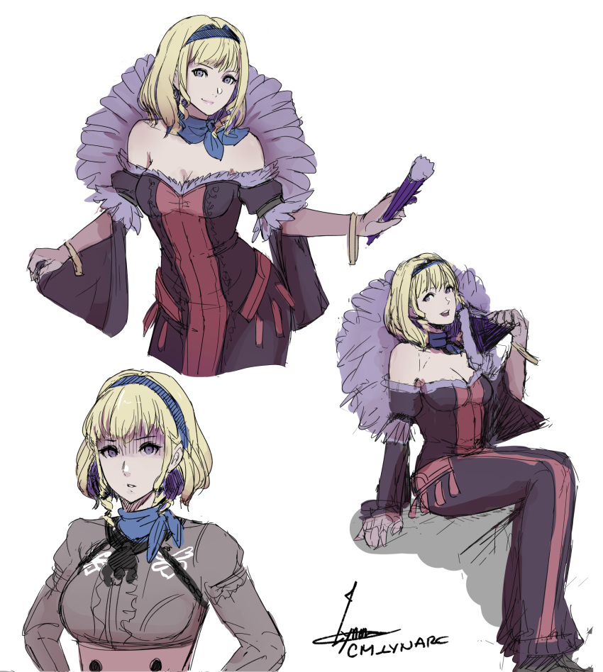 1girl :d bangle bangs bare_shoulders blonde_hair blue_choker blue_eyes blue_hairband bracelet choker cm_lynarc constance_von_nuvelle dress fire_emblem fire_emblem:_three_houses fire_emblem_warriors:_three_hopes folding_fan garreg_mach_monastery_uniform gloves grey_gloves grey_shirt hairband hand_fan highres holding holding_fan jewelry looking_at_viewer multiple_views off-shoulder_dress off_shoulder open_mouth pink_lips shirt short_hair short_sleeves simple_background sitting smile white_background