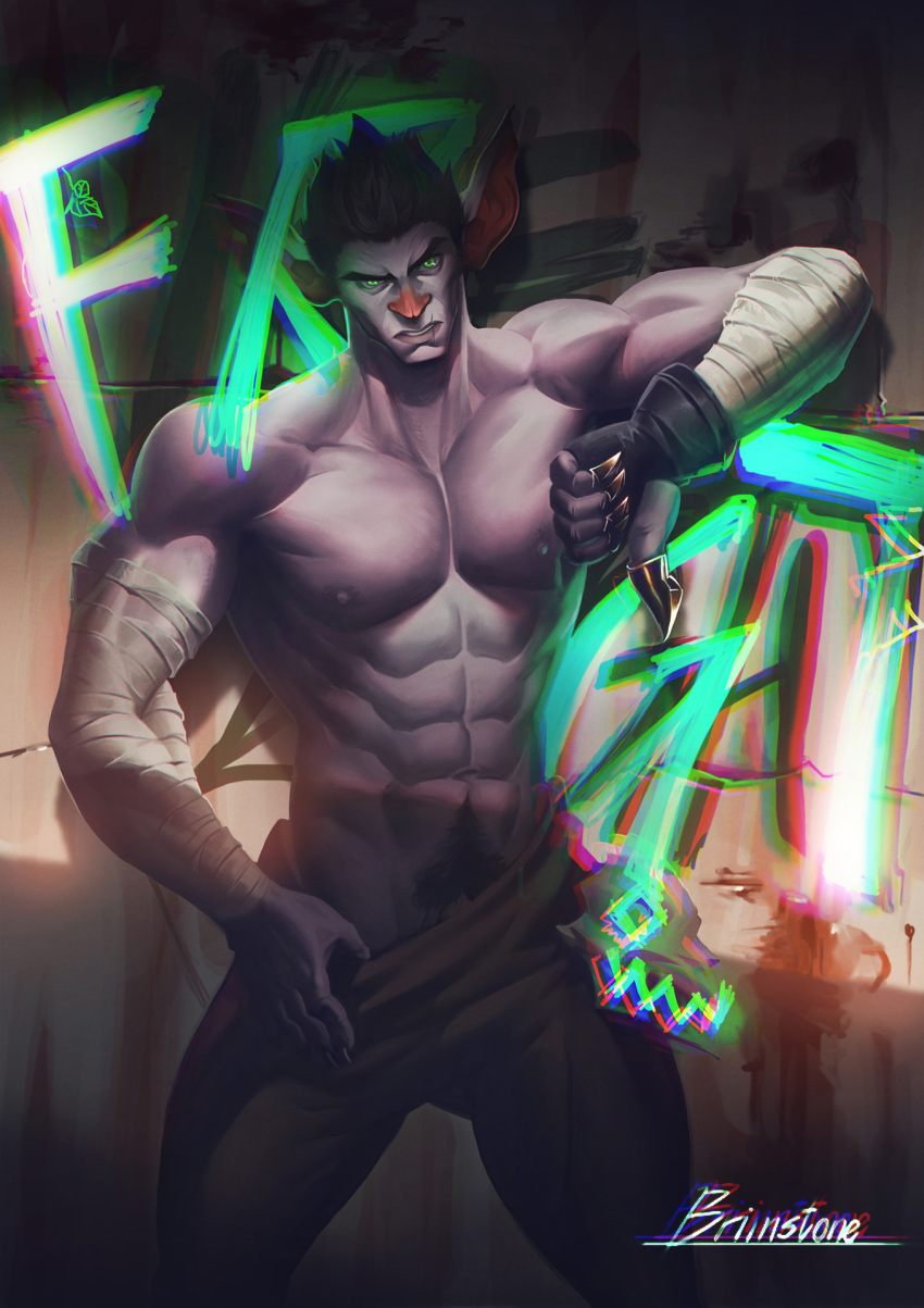 anthro arcane_(tv_series) bandage bottomwear bottomwear_pull brimstone_(battle_demon) chirean clothed clothing clothing_pull hi_res humanoid league_of_legends looking_at_viewer male muscular muscular_male nipples pants pants_pull partially_clothed pecs riot_games scar_(arcane) solo undressing video_games