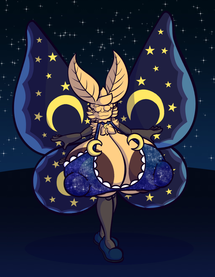 antennae_(anatomy) anthro areola arthropod big_areola big_breasts blue_wings bra breasts clothing erect_nipples_under_clothes eyes_closed female fur hi_res huge_areola huge_breasts huge_nipples hyper hyper_breasts insect lepidopteran lepidopteran_wings moon moth night nipple_outline pattern_clothing pattern_topwear slippers solo sprucy star tan_body tan_fur topwear underwear wings