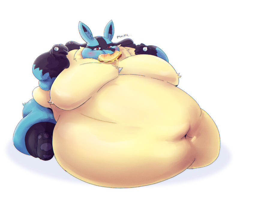absurd_res ambiguous_gender anthro belly big_belly big_butt blush butt chubby_cheeks eating embarrassed floofymeister hi_res huge_moobs hyper hyper_belly love_handles lucario male moobs morbidly_obese nintendo obese overweight pok&eacute;mon pok&eacute;mon_(species) sitting solo video_games weight_gain