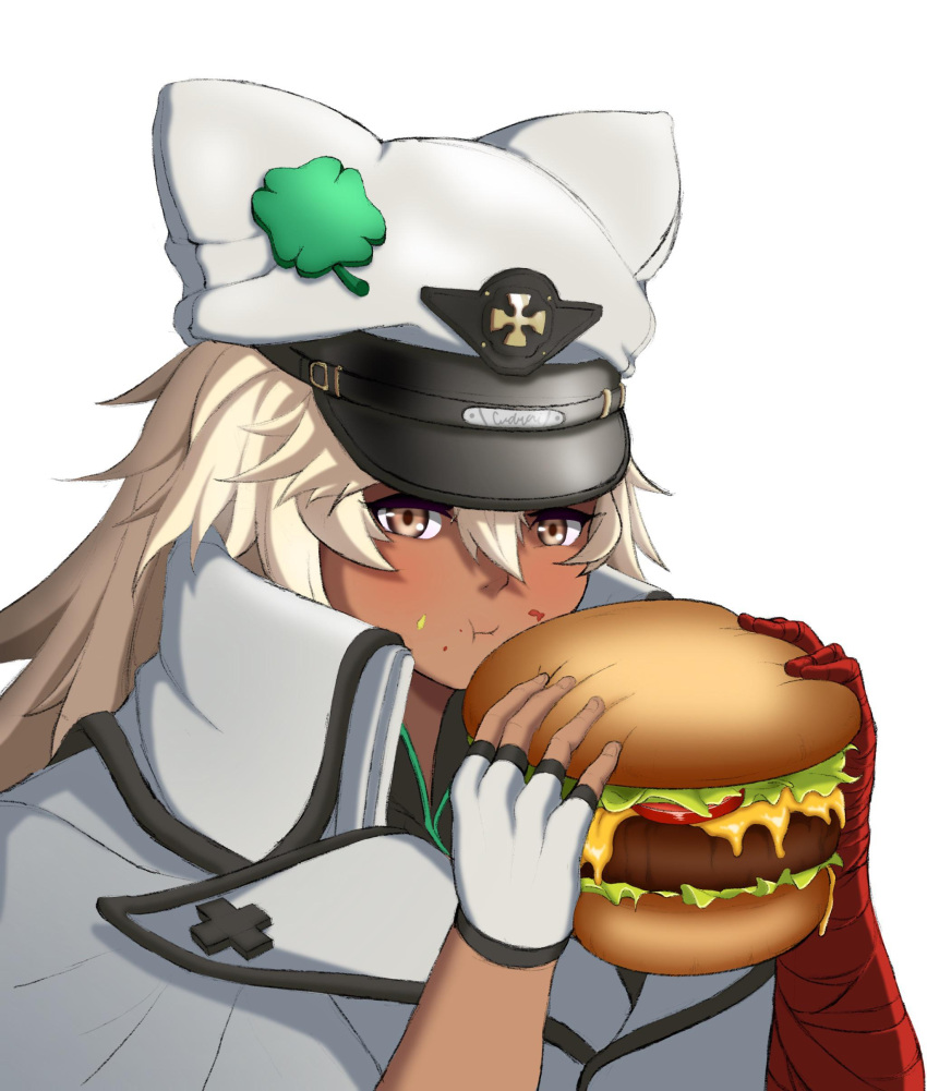 1girl absurdres animal_hat bandaged_arm bandages bangs blonde_hair burger cat_hat cheese chewing closed_mouth clover commentary dark-skinned_female dark_skin english_commentary engrish_commentary fingerless_gloves food food_in_mouth food_on_face four-leaf_clover gloves green_trim guilty_gear guilty_gear_strive hair_between_eyes hat highres jacket ketchup lettuce light_blush long_hair looking_at_viewer meat melting messy_hair mustard patsky_bebop popped_collar ramlethal_valentine sidelocks simple_background solo tareme tomato upper_body white_background white_gloves white_jacket