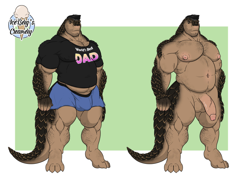 1ceberg absurd_res anthro belly big_pecs big_penis body_hair bulge chest_hair clothed clothing erection genitals hi_res male mammal mature_male musclegut muscular muscular_male nude pangolin pecs penis scales slightly_chubby solo standing stubble tight_clothing underwear