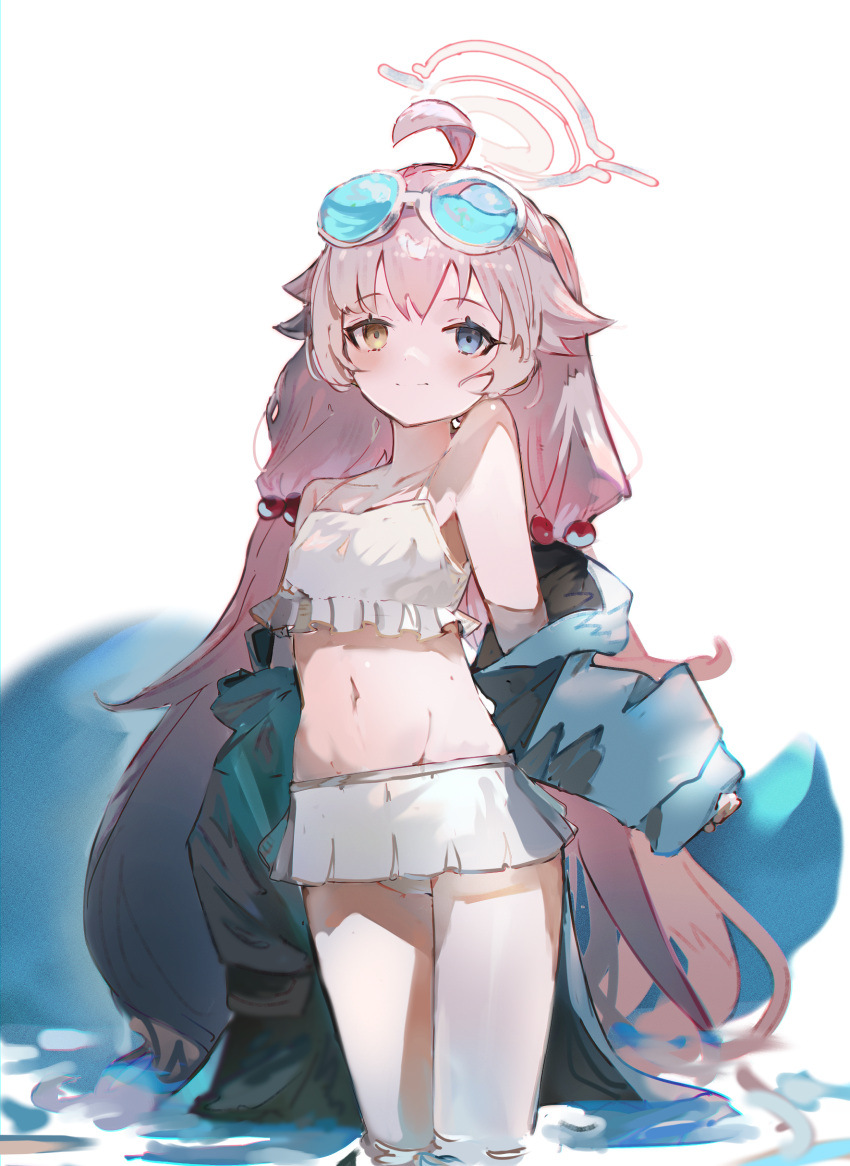 1girl absurdres ahoge bare_shoulders bikini blue-tinted_eyewear blue_archive blue_eyes blue_jacket brown_eyes closed_mouth collarbone commentary_request eyewear_on_head frilled_bikini frills groin hair_bobbles hair_ornament halo heterochromia highres hoshino_(blue_archive) hoshino_(swimsuit)_(blue_archive) jacket long_hair low_twintails navel off_shoulder open_clothes open_jacket pink_hair smile solo standing sunglasses swimsuit tinted_eyewear tota_(sizukurubiks) twintails very_long_hair water white-framed_eyewear white_background white_bikini
