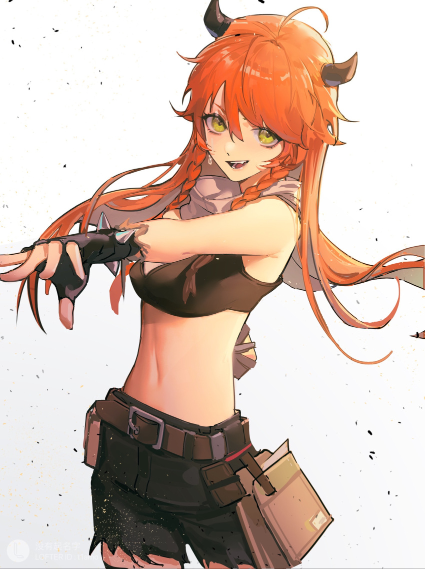 1girl absurdres ahoge arknights arm_up belt black_gloves black_shorts black_sports_bra braid brown_belt cow_horns cowboy_shot croissant_(arknights) croissant_(seeker)_(arknights) fang fingerless_gloves gloves green_eyes hair_between_eyes highres horns long_hair looking_at_viewer midriff navel official_alternate_costume open_mouth pouch scarf shorts side_braids simple_background solo spiked_gloves sports_bra standing white_background white_scarf yeyuanqianqianqian