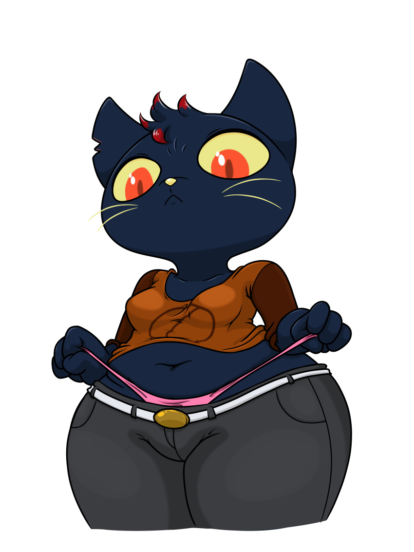 2021 absurd_res alpha_channel anthro big_butt big_ears big_eyes black_body black_fur blue_body blue_fur bottomwear breasts butt clothed clothing curvy_figure dark_blue_fur dark_body denim denim_clothing domestic_cat dyed-hair felid feline felis female front_view fully_clothed fully_clothed_anthro fully_clothed_female fur hair hi_res highlights_(coloring) jeans looking_down mae_borowski mammal midriff multicolored_hair navel night_in_the_woods notched_ear panties pants perspective pillothestar pink_clothing pink_panties pink_underwear pose pulling_underwear raised_clothing raised_shirt raised_topwear red_eyes red_hair sagging_pants shirt short_stack simple_background slightly_chubby small_breasts solo stretched_clothing thick_thighs tight_clothing topwear transparent_background tugging_clothing two_tone_hair underwear video_games whiskers wide_hips yellow_eyes