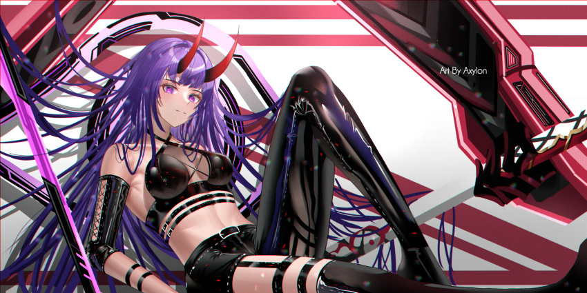 1girl asymmetrical_footwear axylon bangs belt bikini bikini_top_only black_bikini black_footwear black_shorts boots breasts cleavage closed_mouth disembodied_limb highres holding holding_sword holding_weapon honkai_(series) honkai_impact_3rd horns katana latex long_hair looking_at_viewer mismatched_footwear purple_hair raiden_mei raiden_mei_(herrscher_of_thunder) sheath sheathed shorts smile solo swimsuit sword thigh_boots weapon