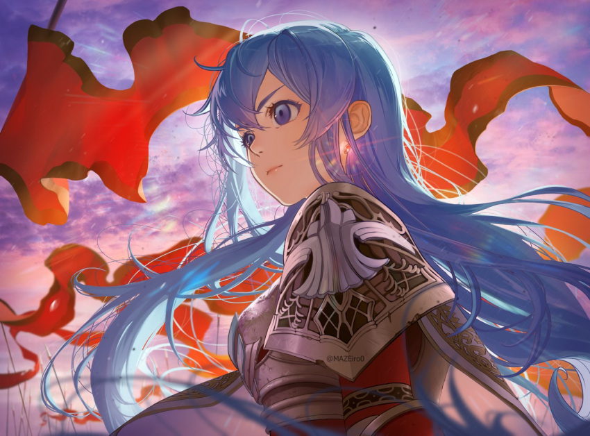 1girl armor bangs blue_eyes blue_hair breastplate cape earrings eirika_(fire_emblem) fire_emblem fire_emblem:_the_sacred_stones flag from_side hair_between_eyes jewelry long_hair maze_draws polearm red_flag shoulder_armor solo spear twitter_username upper_body weapon white_cape