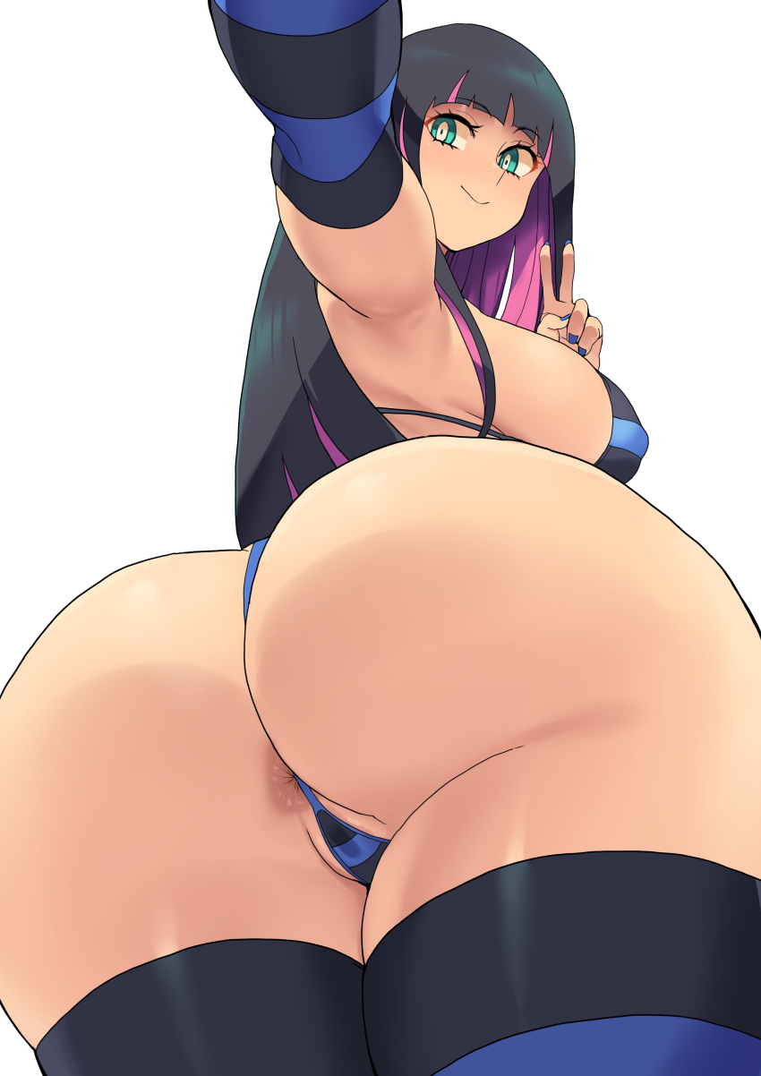 1girl absurdres anus ass bikini black_hair blue_eyes breasts highres huge_ass large_breasts long_hair looking_back minakami_(flyingman555) multicolored_hair panty_&amp;_stocking_with_garterbelt purple_hair solo stocking_(psg) swimsuit thick_thighs thighhighs thighs thong_bikini two-tone_hair white_background wide_hips