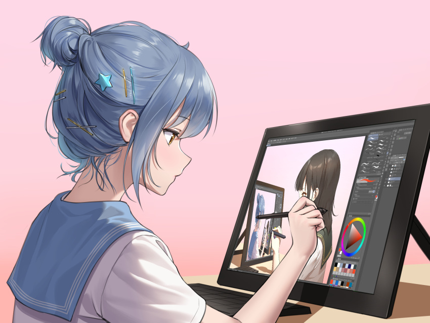 1girl blue_hair drawing hair_bun hair_ornament haneru haori_haruki highres himino_seika himitsu_no_jugyou pink_background recursion school_uniform serafuku shirt short_hair short_sleeves single_hair_bun upper_body white_shirt yellow_eyes