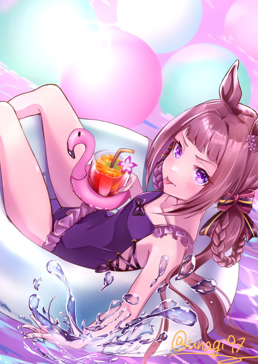 1girl :p absurdres animal_ears bangs blush bow breasts brown_hair casual_one-piece_swimsuit collarbone cup drinking_straw feet_out_of_frame hair_bow hair_rings highres holding holding_cup horse_ears horse_girl innertube long_hair looking_at_viewer official_alternate_costume one-piece_swimsuit purple_eyes purple_swimsuit sitting small_breasts sodemaru_unagi solo splashing sweep_tosho_(monopolizing_the_chill?)_(umamusume) sweep_tosho_(umamusume) swimsuit tongue tongue_out twintails twitter_username umamusume umamusume_summer_story_(umamusume) water