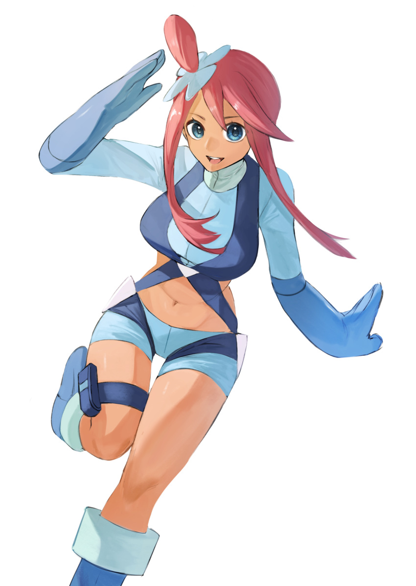 1girl absurdres arm_up bangs blue_eyes blue_footwear blue_gloves blue_shirt blue_shorts boots breasts commentary crop_top gloves happy highres horezai knee_boots knees_together_feet_apart leaning_forward leg_up long_hair long_sleeves looking_at_viewer medium_breasts navel open_mouth pokemon pokemon_(creature) pouch red_hair salute shirt short_shorts shorts sidelocks simple_background skyla_(pokemon) smile solo standing standing_on_one_leg stomach swept_bangs teeth thigh_gap thigh_strap topknot white_background