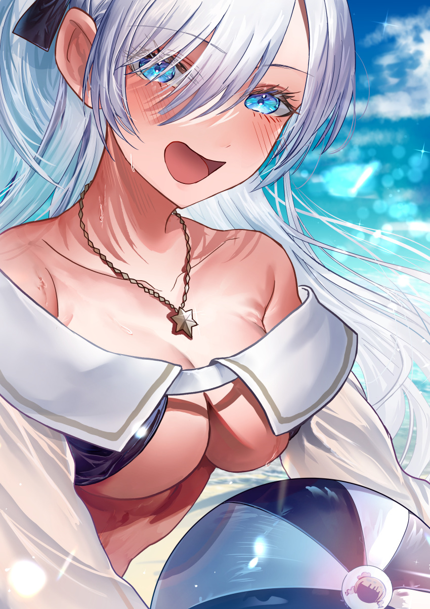 1girl :d absurdres anastasia_(fate) anastasia_(swimsuit_archer)_(fate) anastasia_(swimsuit_archer)_(third_ascension)_(fate) ball bare_shoulders beachball bikini blue_bikini blue_eyes blue_ribbon blue_sky collarbone commentary_request fate/grand_order fate_(series) hair_ribbon highres jewelry long_hair looking_at_viewer necklace ribbon sanbon_hijiki sky smile solo star_(symbol) star_necklace sweat swimsuit white_hair