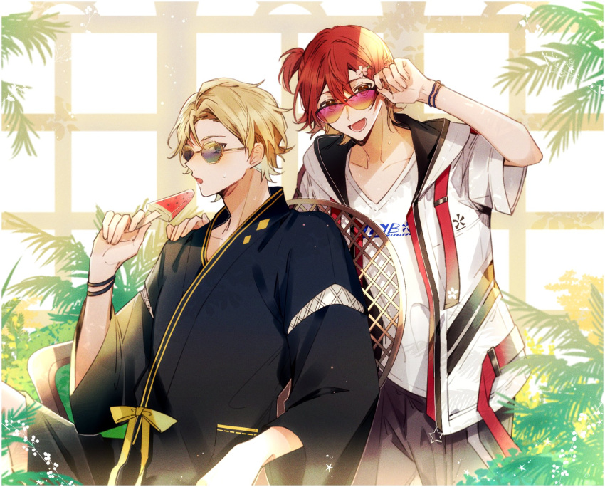 2boys :d :o belt black_pants blonde_hair blue_eyes border bracelet brown_eyes chair conservatory flower food hair_between_eyes hair_flower hair_ornament hair_slicked_back hairclip hanasaki_miyabi hand_on_eyewear highres holding holding_food holostars hood hooded_jacket jacket japanese_clothes jewelry jinbei_(clothes) kiri_tmt kishido_temma lower_teeth male_focus multiple_boys official_alternate_costume one_side_up pants plant popsicle print_shirt red_belt red_hair shirt short_hair short_sleeves sitting smile standing star_(symbol) sunglasses sweat t-shirt teeth tinted_eyewear upper_body v-neck virtual_youtuber watermelon_bar white_border white_jacket white_shirt yellow-framed_eyewear