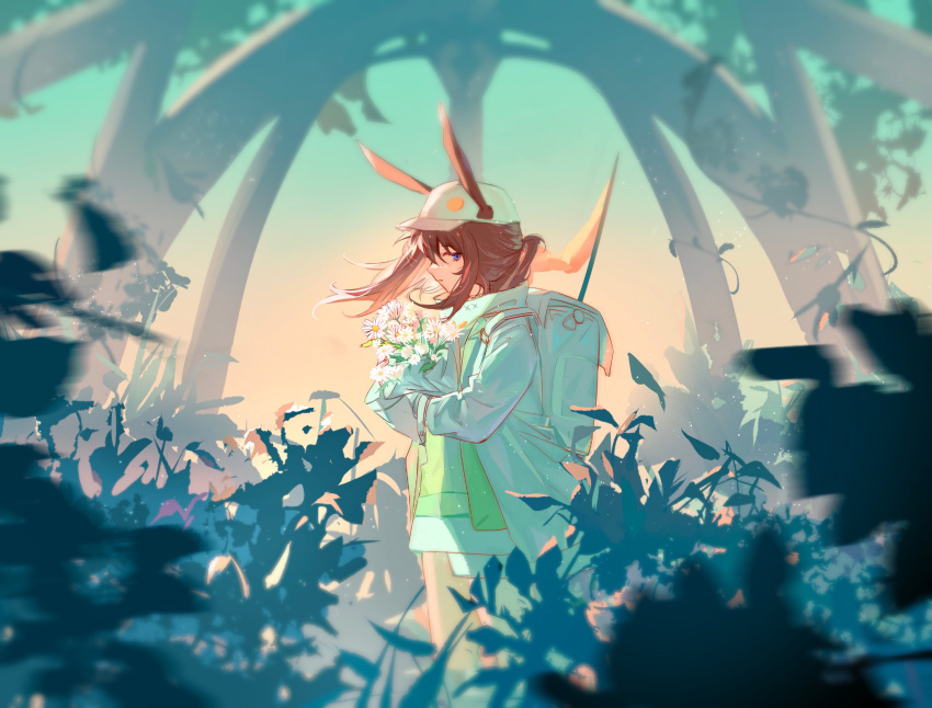 1girl amiya_(arknights) amiya_(planter)_(arknights) animal_ears arknights backpack bag blue_eyes bouquet brown_hair cowboy_shot ears_through_headwear flower green_shirt hat he_yi_bei_cha highres holding holding_bouquet holding_flower jacket long_hair long_sleeves looking_at_viewer official_alternate_costume open_clothes open_jacket outdoors plant ponytail rabbit_ears rabbit_girl shirt sidelocks sideways_glance solo standing white_bag white_flower white_headwear white_jacket wind