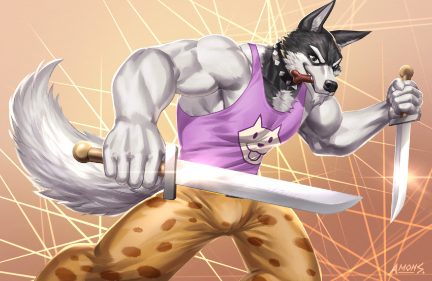 amon-sydonai anthro blade canid canine canis clothed clothing collar doggo_(undertale) domestic_dog male mammal muscular muscular_anthro muscular_male solo spiked_collar spikes undertale undertale_(series) video_games weapon