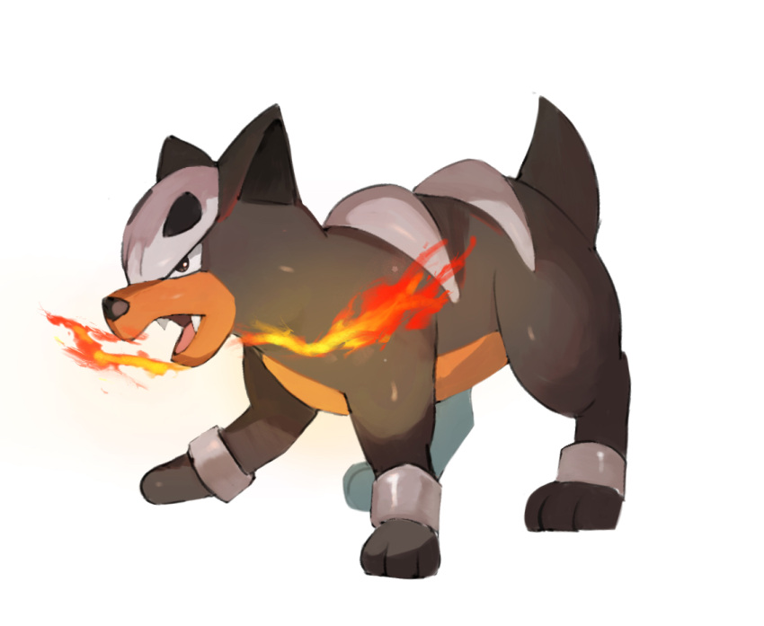 animal_focus black_eyes breathing_fire commentary cuffs english_commentary fangs fire from_side full_body horezai houndour no_humans open_mouth pokemon pokemon_(creature) shackles simple_background solo standing white_background