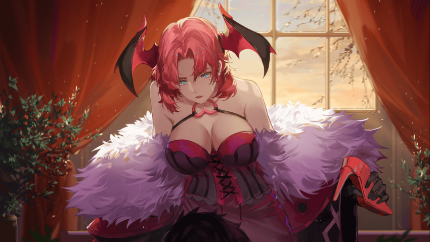 1girl bad_source bat_wings blue_eyes branch breasts chest_harness cleavage cloud coat curtains dress feet_out_of_frame flower_pot gyee hair_ornament harness heart high_heels highres looking_down official_art pink_hair plant potted_plant rita_(gyee) short_hair sky solo sunlight sunset sweat sweatdrop wings yingzi