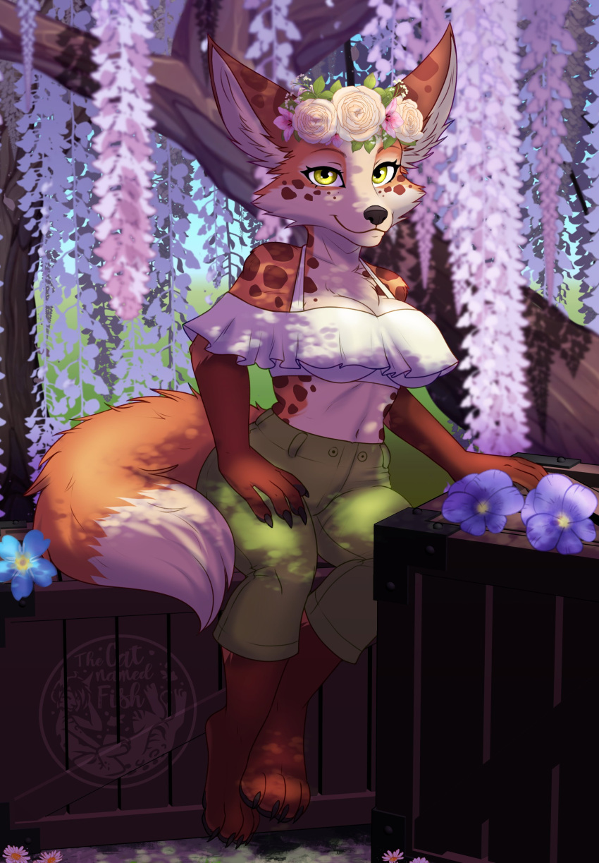 2022 4_fingers 4_toes absurd_res anthro black_nose breasts canid canine clothed clothing detailed_background digital_media_(artwork) feet female fingers fur green_eyes hi_res mammal midriff navel smile solo spots spotted_body spotted_fur thecatnamedfish toes