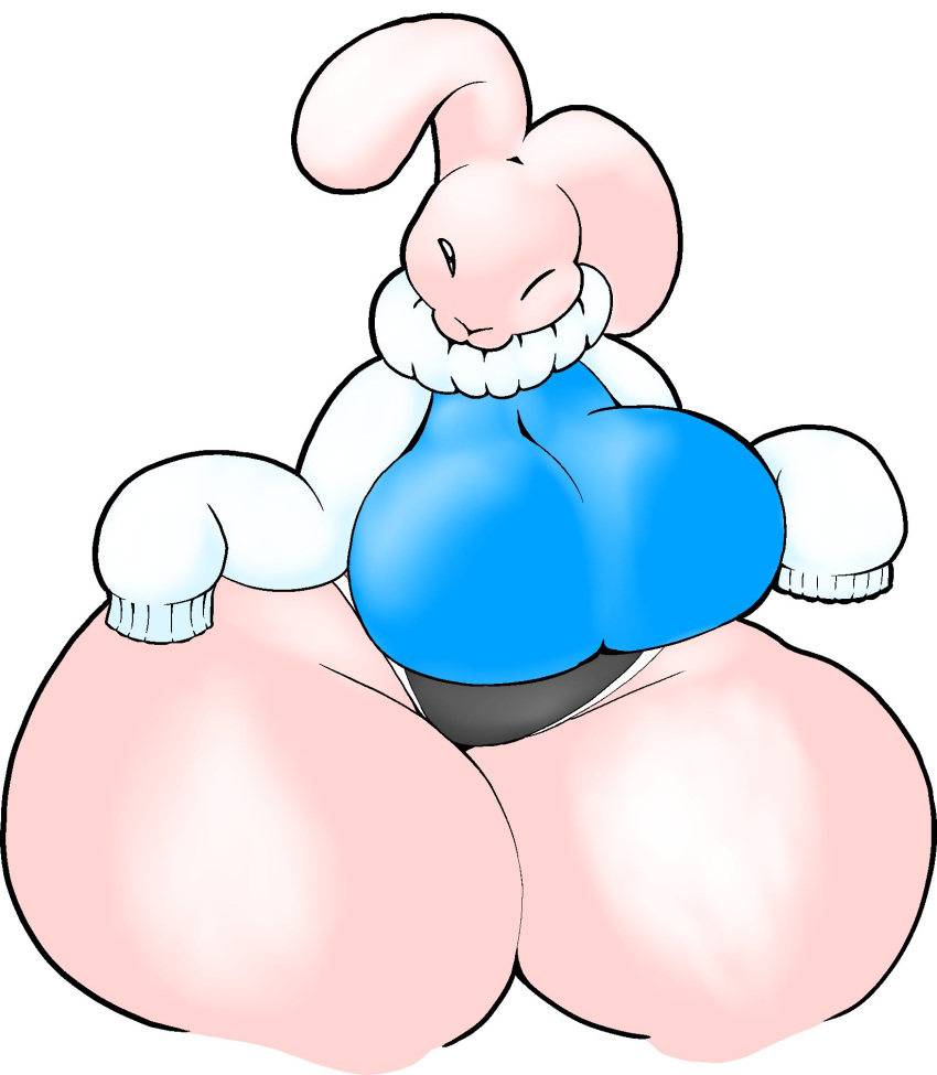 anthro baggy_clothing big_breasts big_ears breasts clothing female floppy_ears fur hi_res huge_breasts huge_hips huge_thighs hyper hyper_hips hyper_thighs jacket_over_leotard lagomorph leotard leporid looking_at_viewer mammal one_eye_closed oversized_sleeves pink_body pink_fur presenting simple_background solo thick_thighs white_background wide_hips wink winking_at_viewer yiff_fantasy