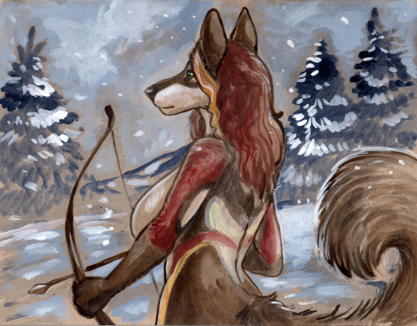 2022 anthro arrow_(weapon) auya big_breasts bow_(weapon) breasts cadmiumtea canid canine canis cloud coniferous_tree detailed_background female green_eyes hair hi_res highlights_(coloring) holding_object holding_weapon long_hair mammal nude orange_highlights outside plant ranged_weapon snow snow_on_trees snowing solo standing storm traditional_media_(artwork) tree weapon wolf