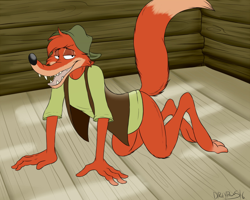 all_fours anthro bent_over br'er_fox canid canine clothing fox foxmusk fur hat headgear headwear inside log_cabin looking_at_viewer male mammal on_ground open_mouth orange_body orange_fur pantsless sharp_teeth shirt solo song_of_the_south teeth tongue topwear