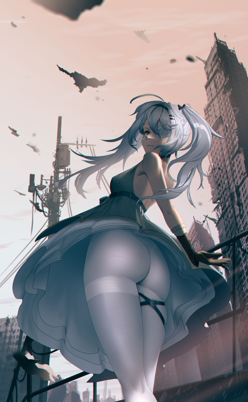1girl absurdres ass breasts building cityscape dress eyepatch from_below girls'_frontline grey_dress highres hs.50_(girls'_frontline) long_hair medical_eyepatch outdoors pantyhose skyscraper sleeveless sleeveless_dress small_breasts solo standing thighband_pantyhose twintails utility_pole white_hair white_pantyhose yellow_eyes yoshimitsu_kataha